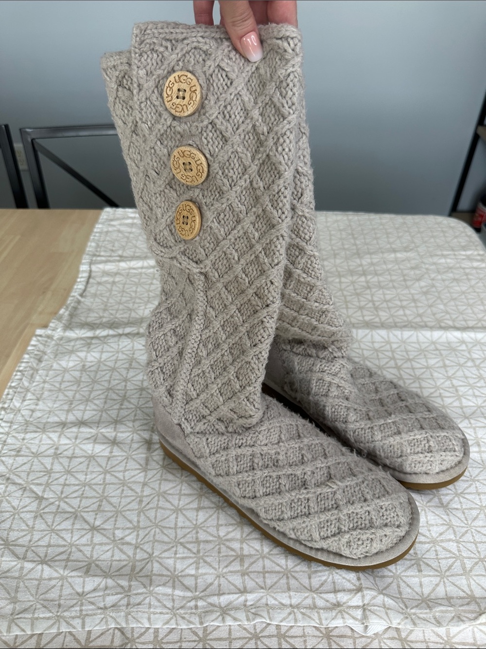 UGG Women's Light Grey Lattice Cardi Knit Button Tall Boots